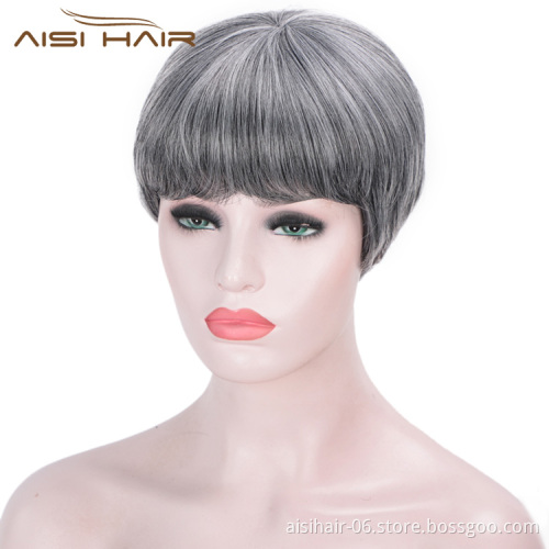 Aisi Hair Straight Bob Wigs Synthetic Hair Short Party Hair Cosplay Wig for Women Grey Mixed Black Short Bob Wigs